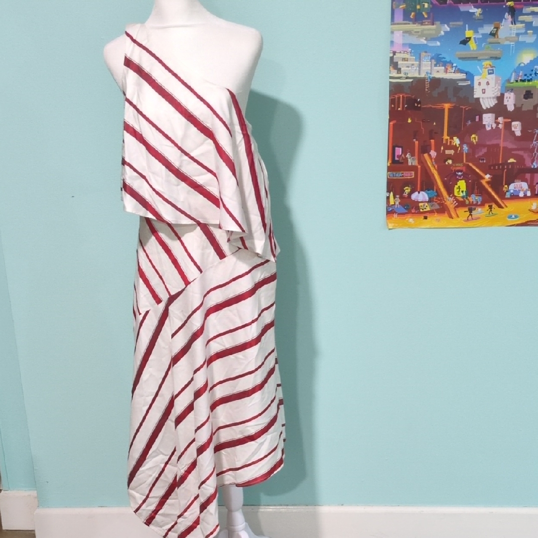 Retail $158 Nwt Banana Republic Red And White Striped One-Shoulder Hi Low Dress